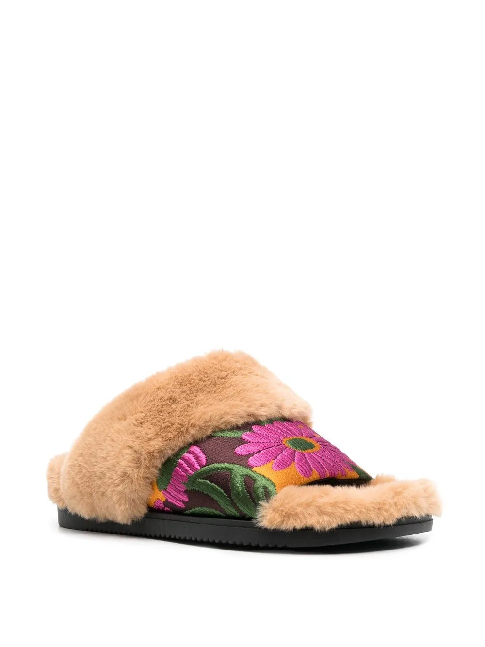 La DoubleJ faux-fur floral strap slides