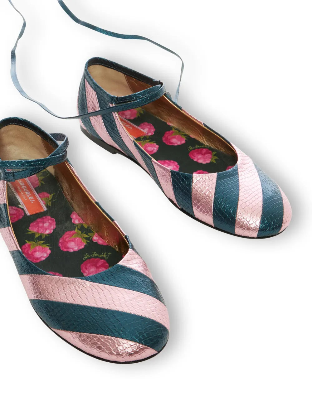 La DoubleJ striped snakeskin-effect ballerina shoes