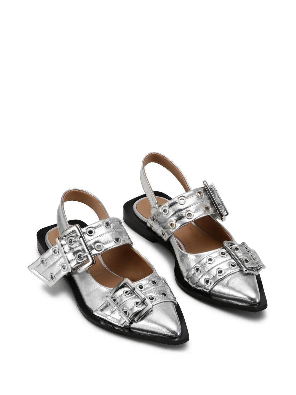 GANNI double-buckled metallic-effect ballerina shoes