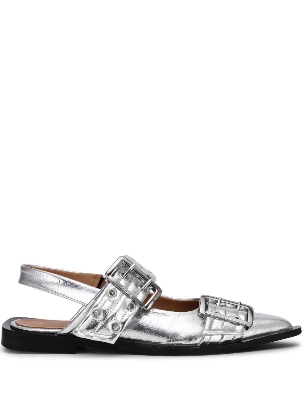 GANNI double-buckled metallic-effect ballerina shoes