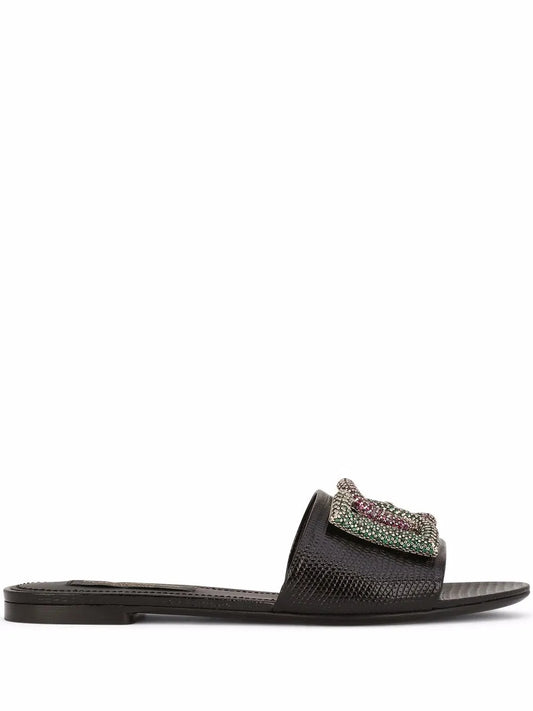 Dolce & Gabbana crystal-logo leather slides