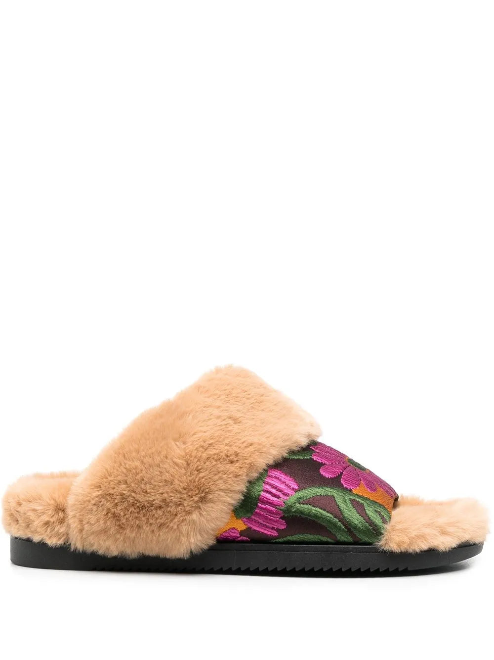 La DoubleJ faux-fur floral strap slides
