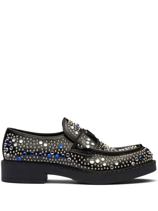 Prada rhinestone-embellished brushed leather loafers