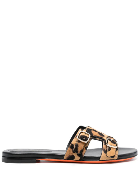Santoni leopard-print double-buckle slides
