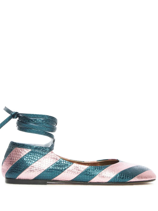 La DoubleJ striped snakeskin-effect ballerina shoes