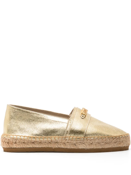 Moschino logo-lettering metallic leather espadrilles