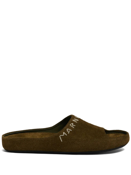 Marni logo-embroidered suede slides 