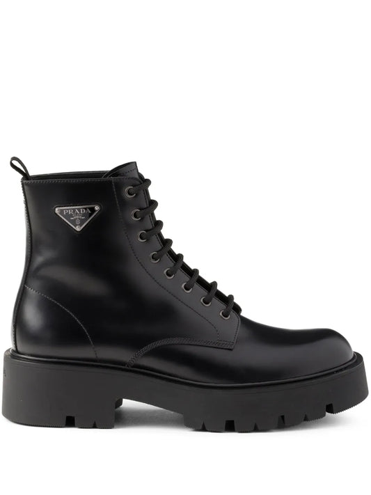 Prada logo plaque leather combat boots 