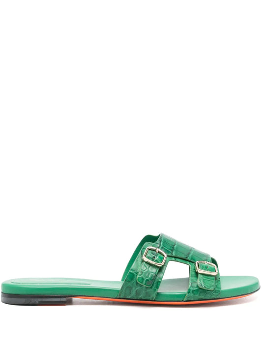 Santoni leather double-buckle slides